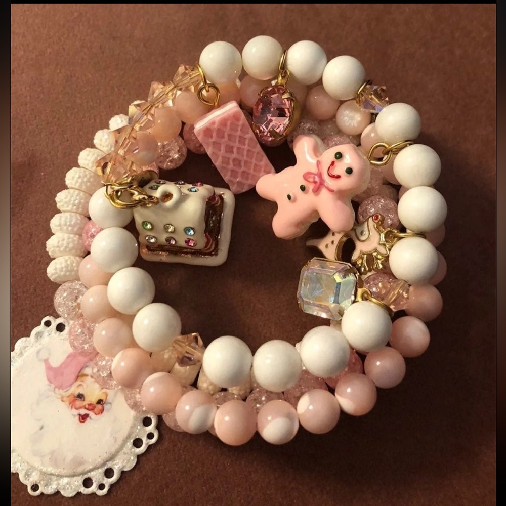 Handmade Christmas Holiday Pink Bracelet with Charms